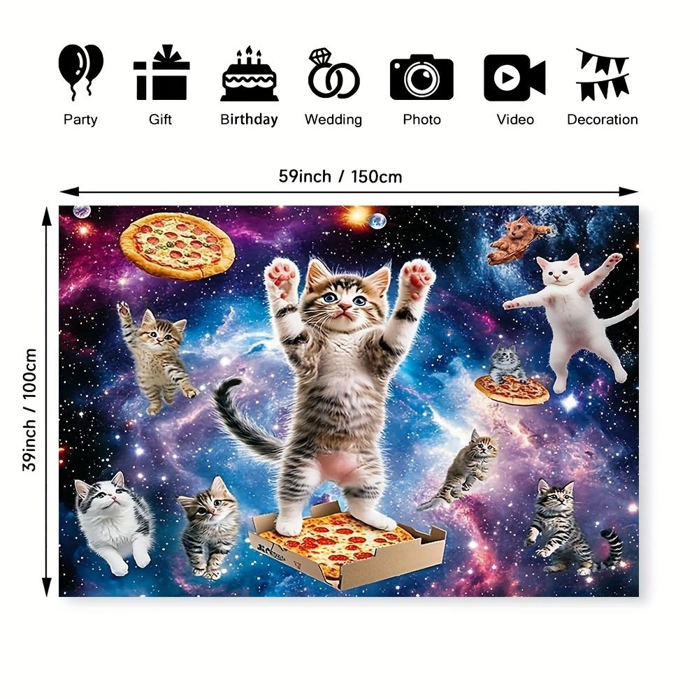 Space Cat Tapestry Cosmic Pizza Adventure Whimsical Galaxy Wall Hanging for Bedroom or Dorm Decor