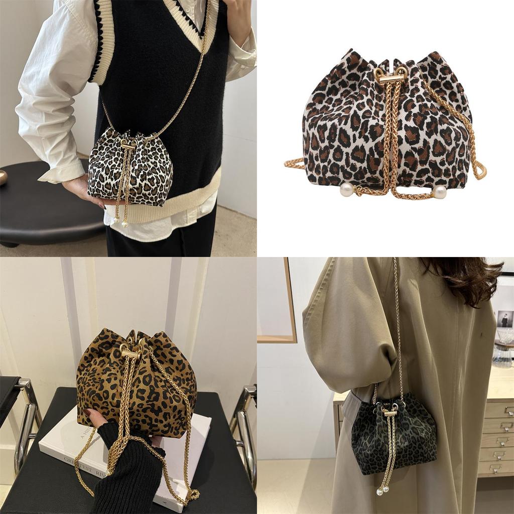Stylish Casual Commute Chain Crossbody Bucket Bag Women Leopard Print Fall Winter