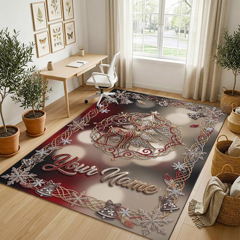 Christmas Theme Crystal Velvet Rug Personalized Custom Name Text Soft Floor Mat Home Decor
