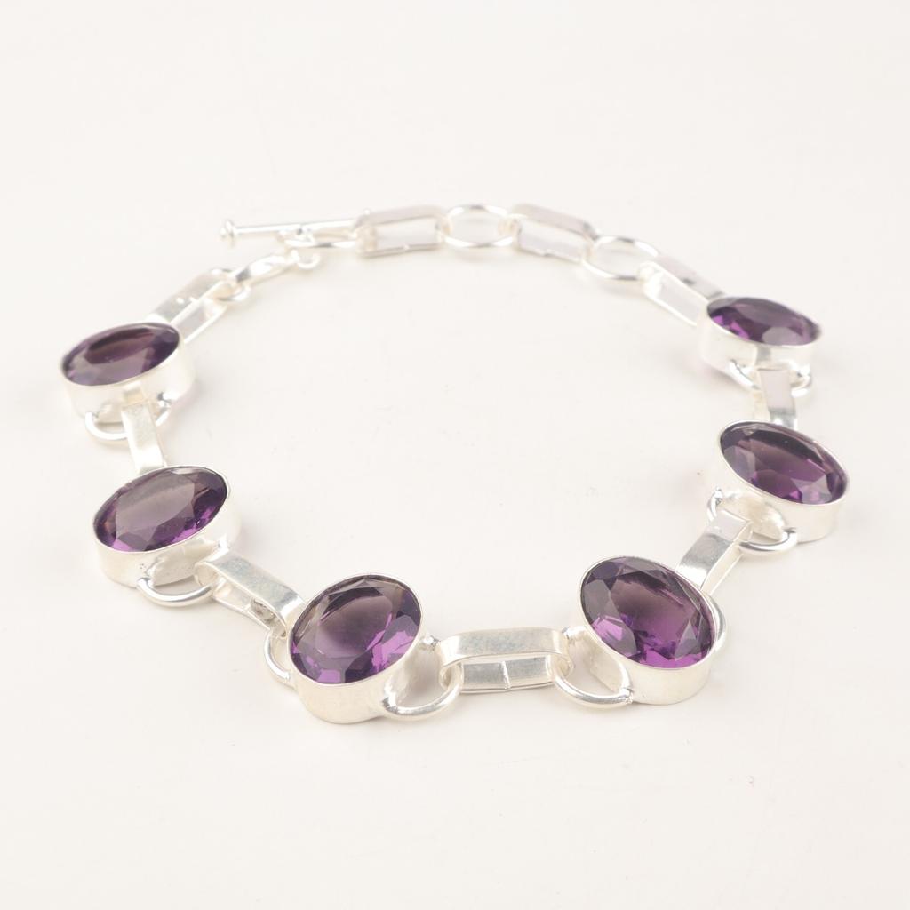 Natural Amethyst Gemstone Jewelry 925 Sterling Silver Chain Bracelet 9"For Women RB-6-9