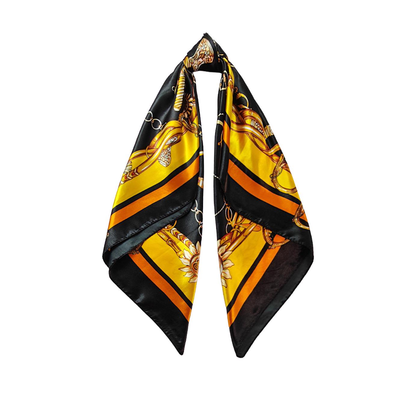 90cm Black Silk Scarf - Women s Versatile Retro Chain Print Square Headscarf 90x90cm