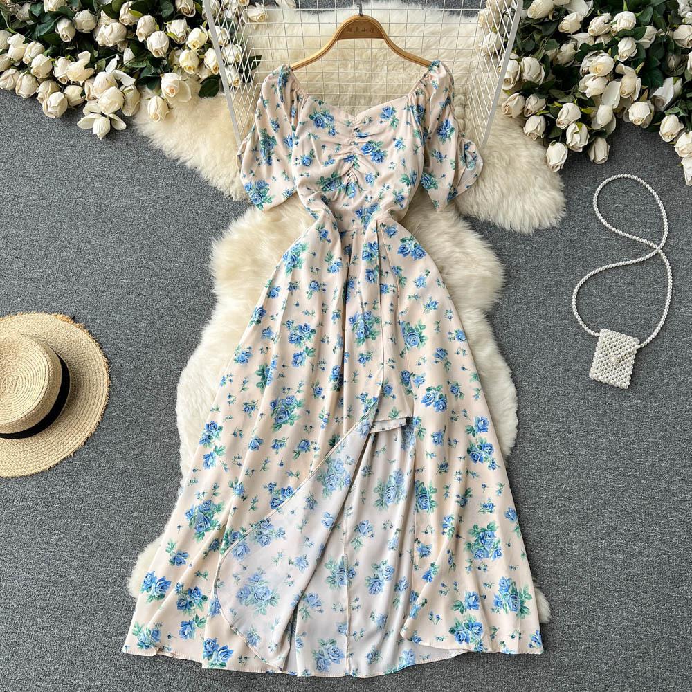 Blumenkleider Damen Sommer Französische Eustoma Ein Schulter Kurze Ärmel Teepause Schlitz Knielang Kleid