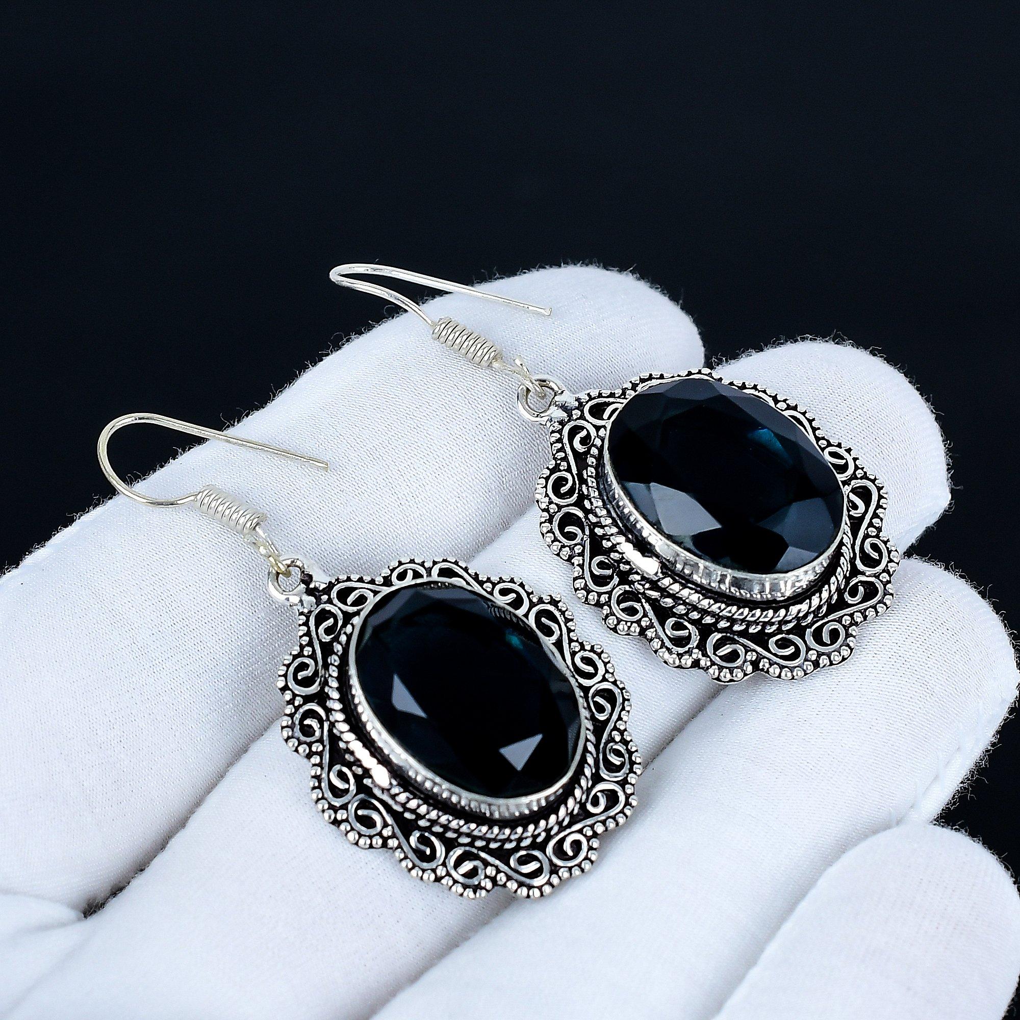 

Blue Sapphire Gemstone Earrings, 925 Sterling Silver Earrings, Handmade Silver Earrings For Gift, Sapphire Dangle Drop Earrings For Party Wear Gift 5 Cm