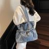 Korean version of simple large-capacity denim bag women's casual solid color literary shoulder bag college student class tote bag