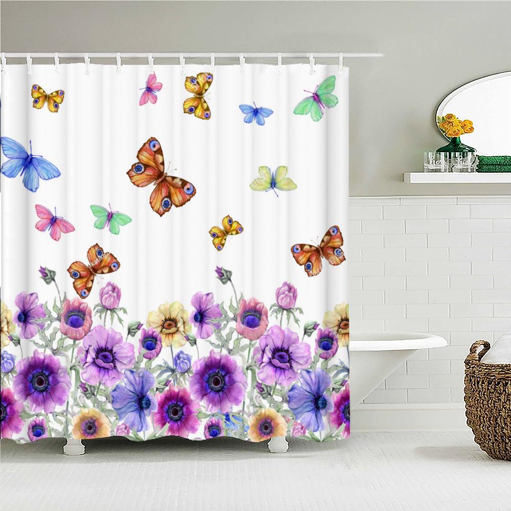 Floral Shower Curtains for Bathroom, Spring Flower Butterfly Bathroom Decor with Hooks, Washable Polyester Fabric Shower Curtain