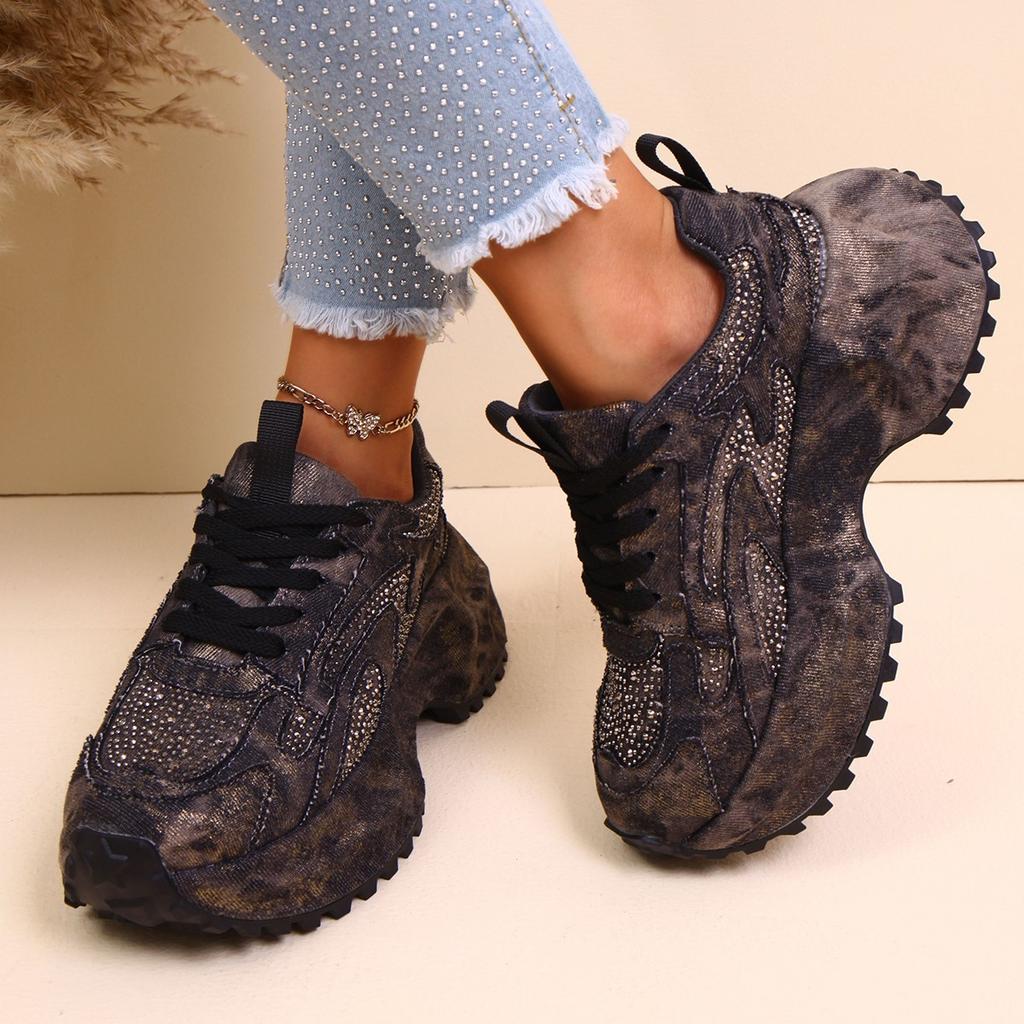 2025 Autumn New Foreign Trade Large Size European Goods Heavy Industry Washed Denim Rhinestone Platform Casual Sports Dad Shoes