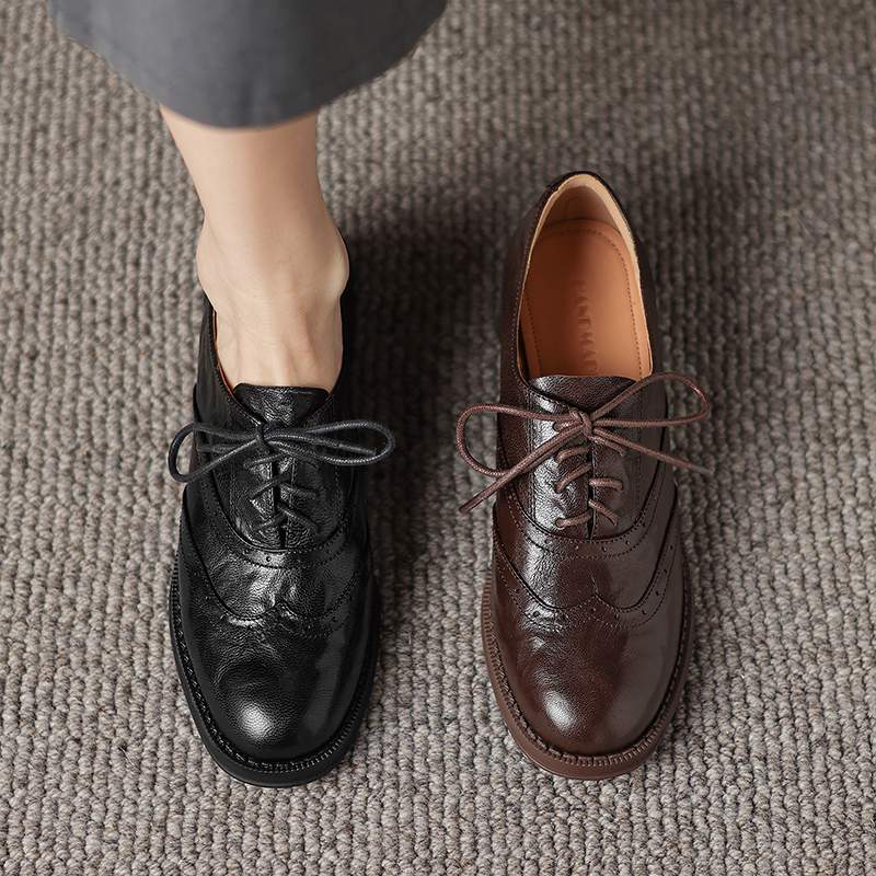 Krazing Pot Sheepskin Round Toe Thick Heels Autumn Lace Up Block Shoes Women Retro Fashion Pumps