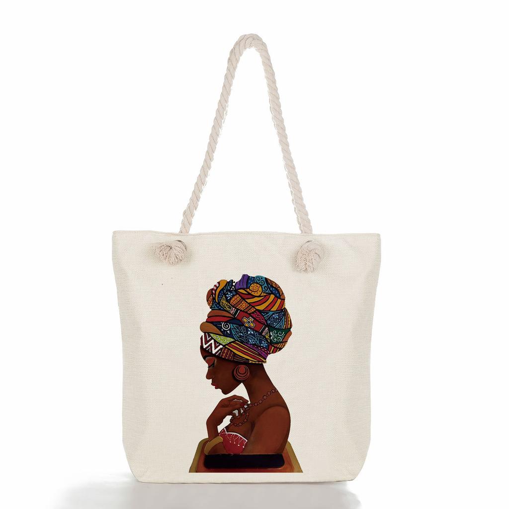Multifunctional Black Girl Printed Thick Rope Shoulder Beach Bag Casual Large Capacity Handbag 0105