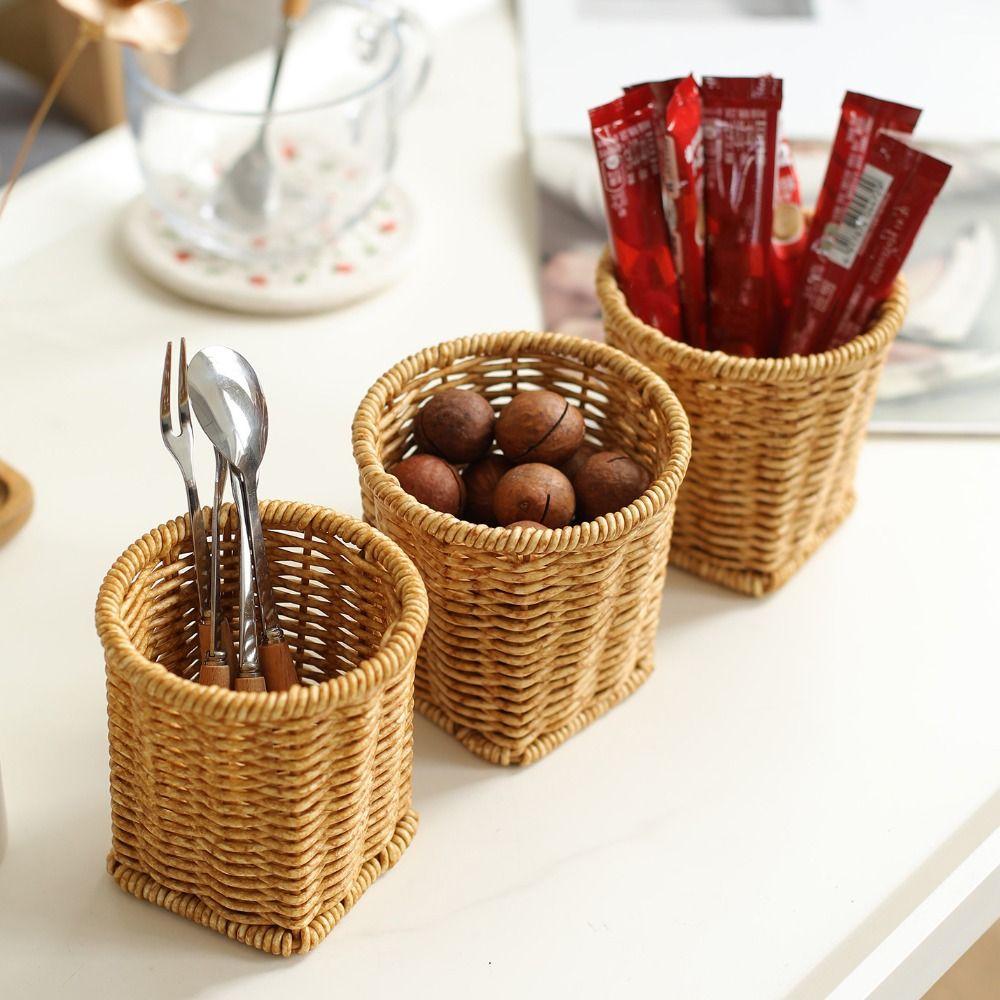 Large Capacity Imitation Rattan Storage Bucket Plastic Pen Holder  Hotel Restaurant Use