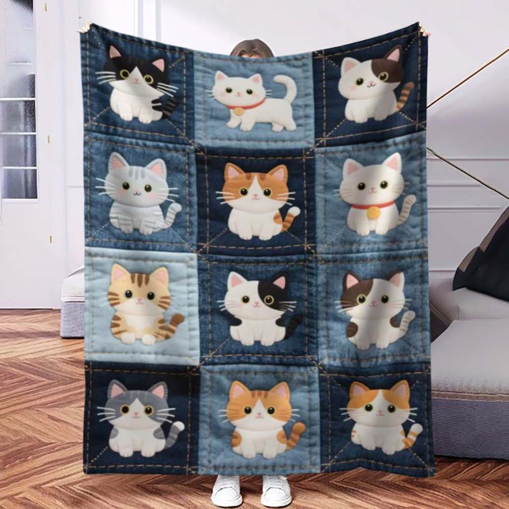 1Pc  Blue Patchwork Print Flannel Blanket Soft Cozy Warm Throw Blanket For Home Couch Bed