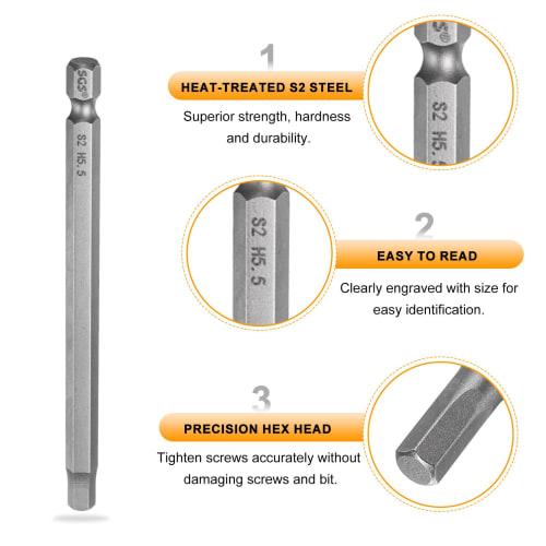 uxcell H5.5 Hex Bits, 5.5mm, 3-Piece Set, Hex Shank, Single-Head, Magnetic, for Electric Screwdrivers, 100mm Long, S2 Steel, for Electrical Constructi