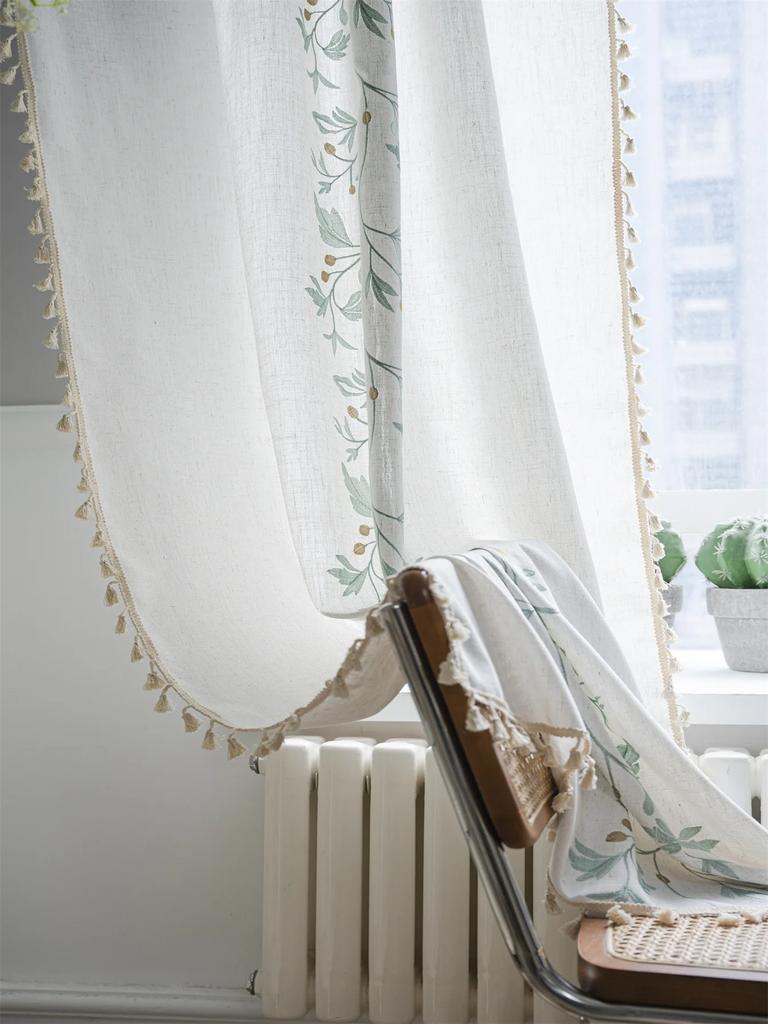 Cotton Linen Embroidery Curtains Road Pocket Shade Curtain Tassel for Kitchen Bedroom Living Room Bay Window Cabinet Curtain