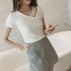 Summer Korean Version Slimming Short Sleeved Solid Color Base Shirt V-neck Shoulder Slip T-shirt Fashion Women's Clothing