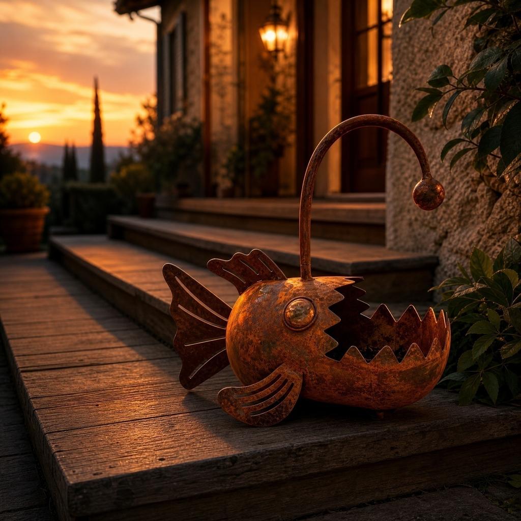 Gartendeko Außen Metalllaterne Fisch Pflanzgefäß Handgefertigte Rost-Optik Skulptur für Terrasse Hof Weg Balkon