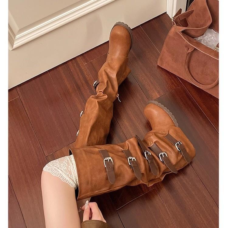 Vintage belt buckle trouser tube western cowboy boots women's medieval stacking boots bundle thick sole heightening long tube Martin boots