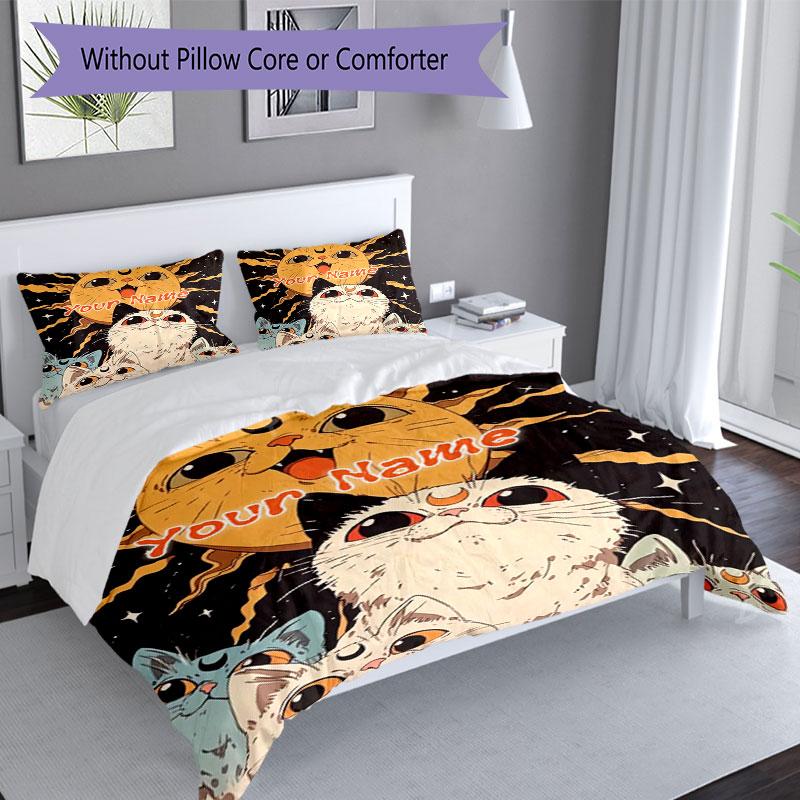 3PC Custom Name Cosmic Cat Dreams Bedding Set Duvet Cover Closure Includes 1 Duvet Cover & 2 Pillowcases for Bedroom