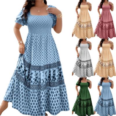Women Square Neck Puff Sleeve Maxi Dress Smocked Bodice Bohemian Print Tiered Hem Summer Casual Long Dress