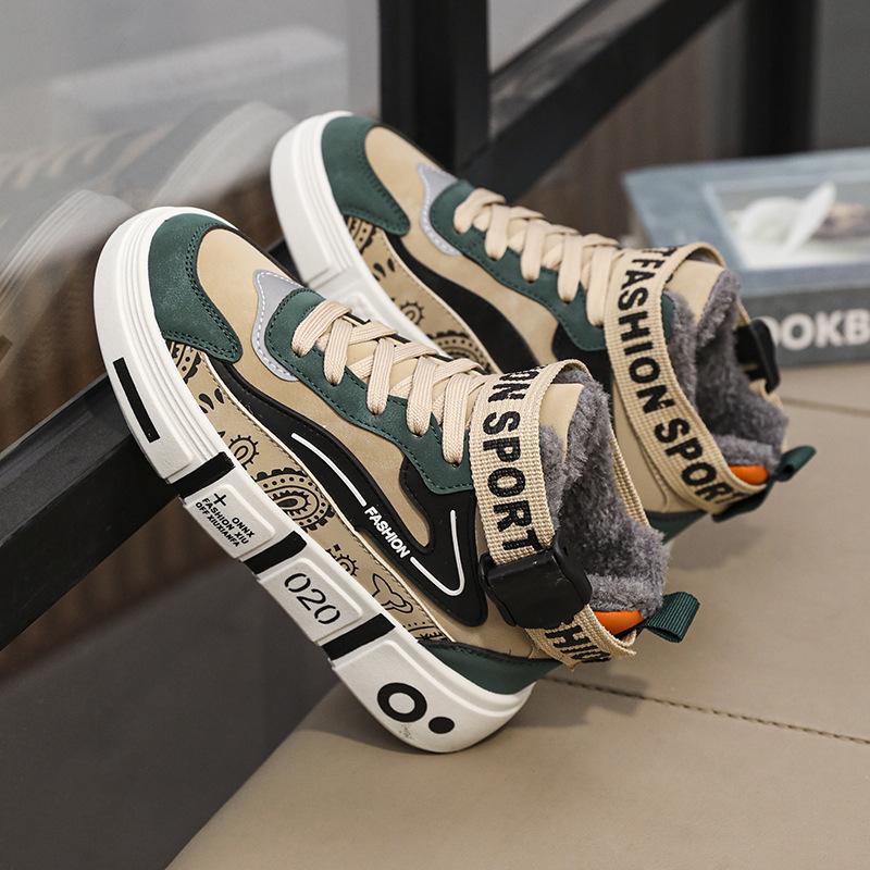 Winter high-top men's shoes casual sports student board shoes cashew fruit running shoes men's medium and older children's velvet cotton shoes