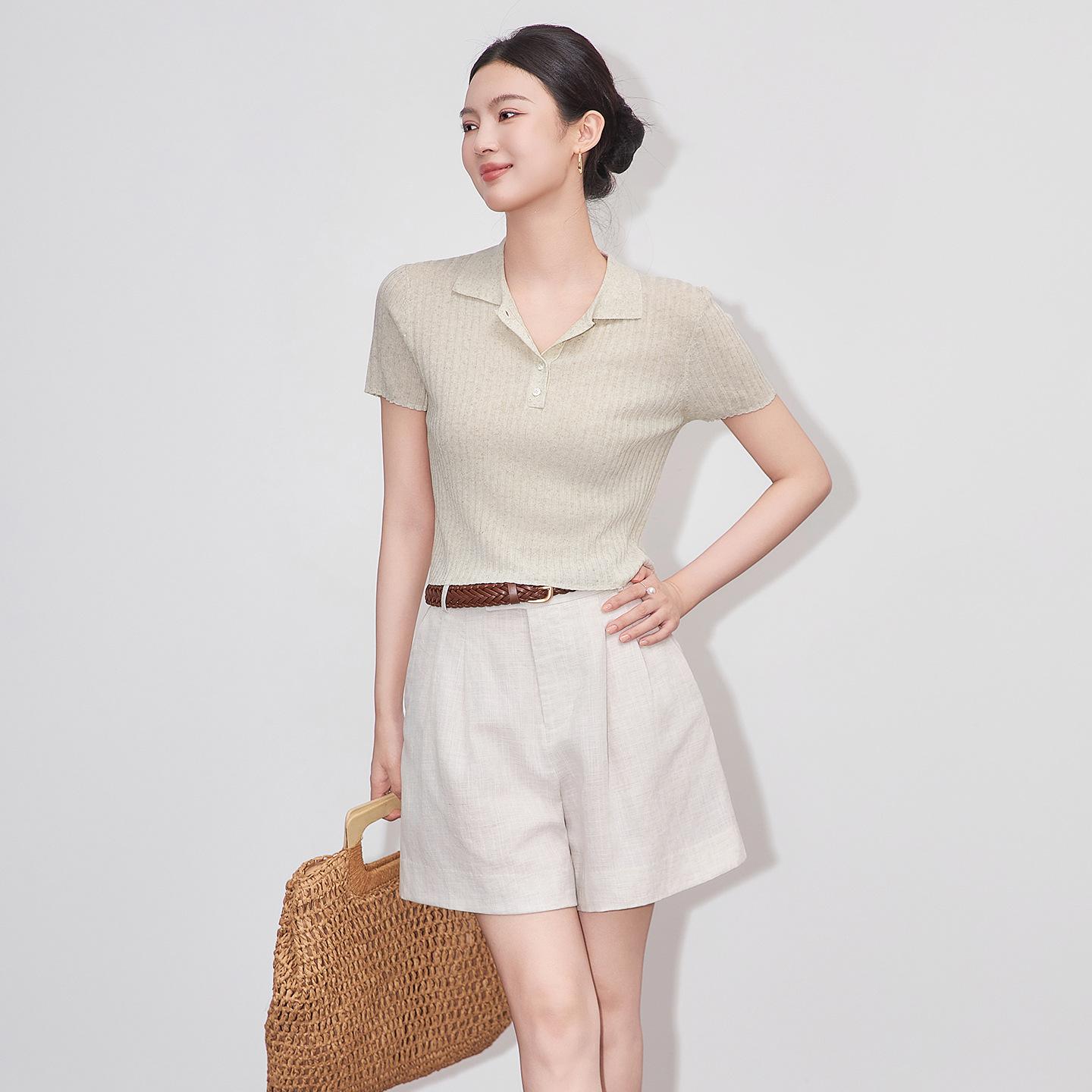 

Женский летний ультратонкий топ из тенселя и льна с короткими рукавами и воротником поло в широкую полоску Large