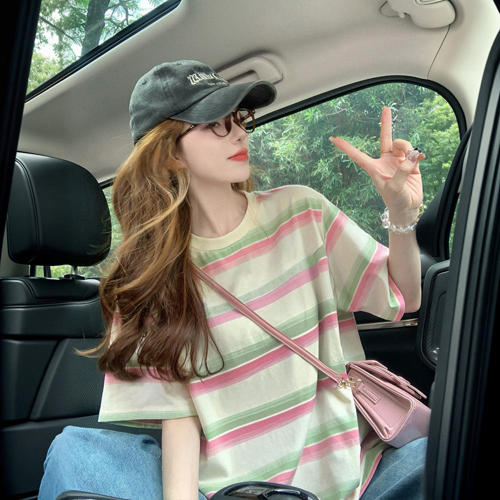 Women Striped Short Sleeve T Shirt Summer Contrast Color Round Neck Loose Mid Length Casual Sweet Slim Tee Tops