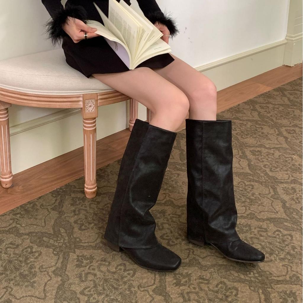 2025 new thick heel retro tall knight boots women's head stacking boots but knee pant tube boots