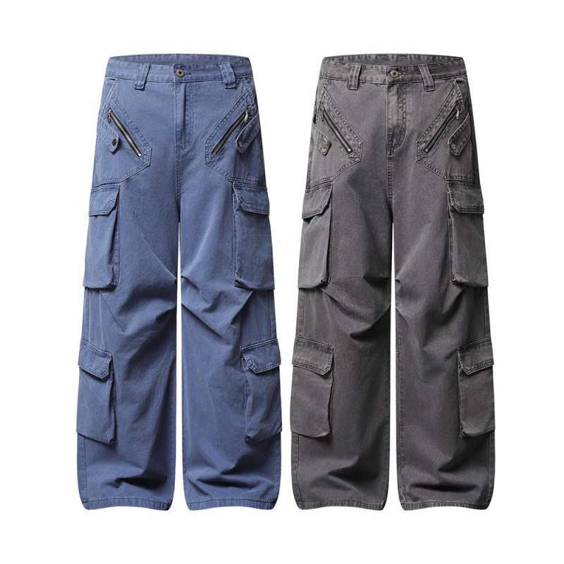 Mens Streetwear Cargo Pants - Relaxed Wide Leg Multi-Pocket Washed Vintage Style