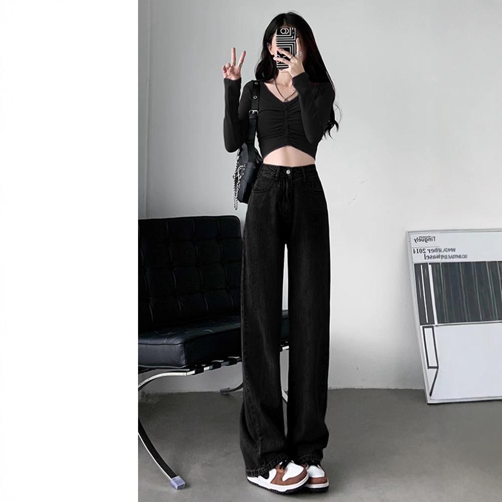 Women's Korean Style High Waist Wide-Leg Jeans - Trendy Loose Fit, Floor-Length Draping Pants