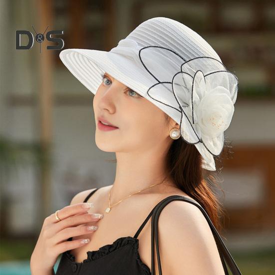 Chapeau de soleil Kentucky en organza pour femme, chapeau à large bord avec fleurs, idéal pour l'église, la plage, le Derby, pour un goûter ou un mariage
