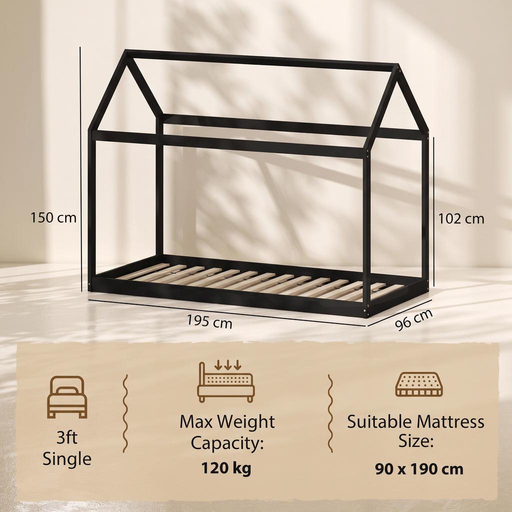 Single Bed Frame, House-Scandinavian-Style Wooden Bed Frame for 90W x 190D cm Mattress, Black