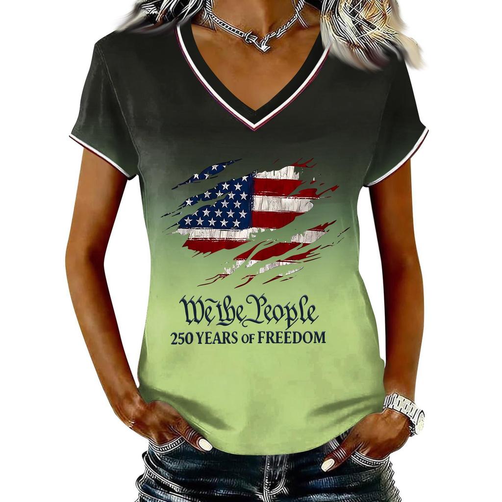 Women Casual V Neck Short Sleeve Pullover T Shirt Gradient American Flag Print Top Independence Day Patriotic Style Summer Tee