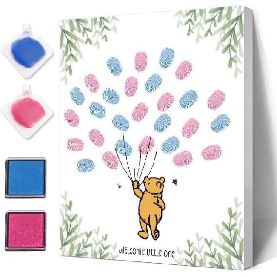 Azbuk Winnie Gender Reveal Baby Shower, Winnie Gender Reveal Baby Shower Fingerprint Tree, Baby Shower Fingerprint Tree Party Game, Gender Reveal Bear 009