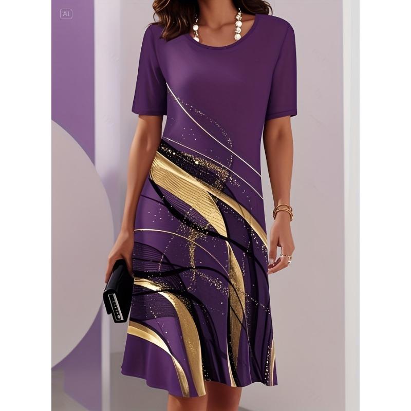 Ladies' Elegant Round Neck Abstract Black Gold Printed Dress for Casual and Formal Occasions