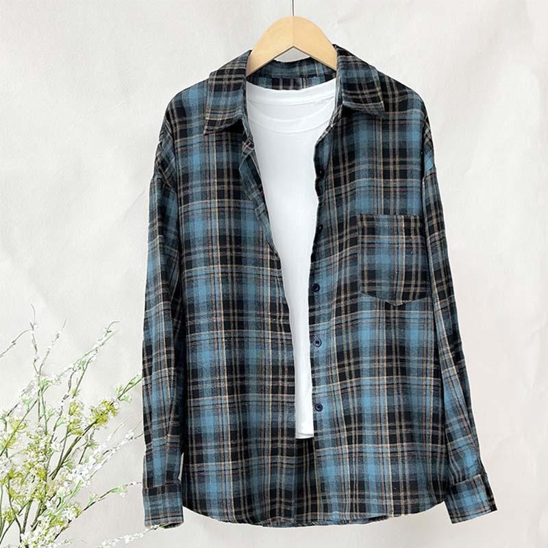 Frühling und Herbst neues Retro-Langarm-Freizeithemd Koreanischer Temperament fauler Stil lockeres und dünnes Revers kariertes Hemd