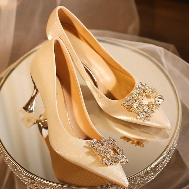 

Свадебные туфли из хрусталя шампанского Женские туфли на высоком каблуке Удобные туфли-лодочки с острым носком Модные свадебные туфли для свадеб 34