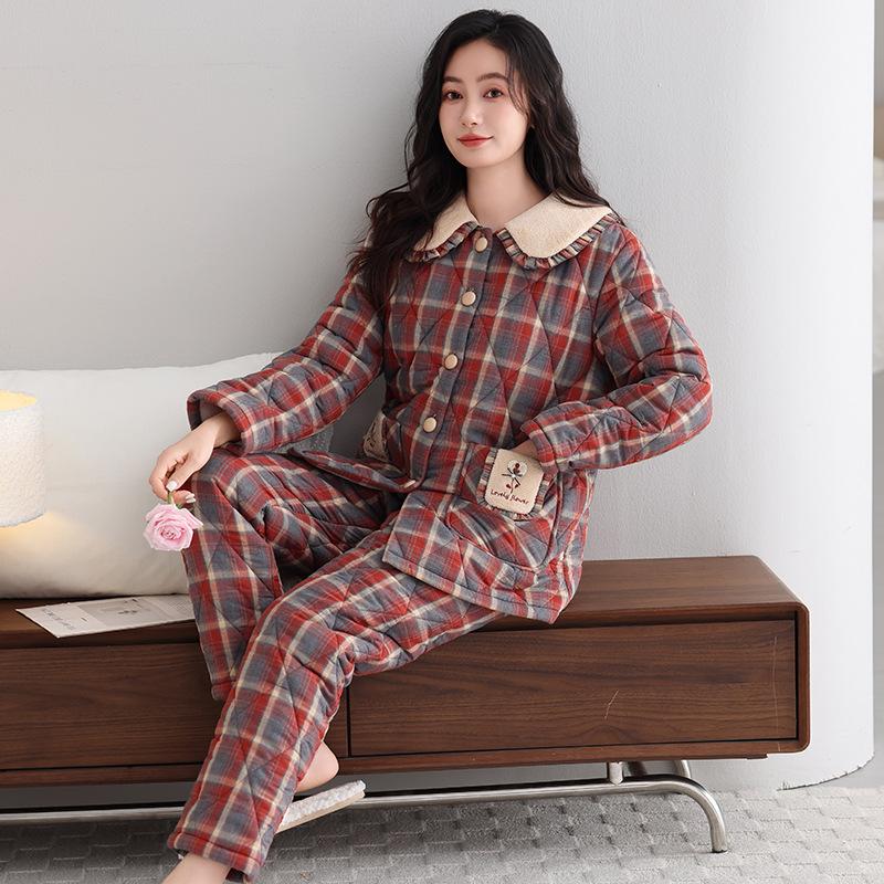 Pajamas Women'S Winter Woven Pure Cotton Padded Large Size Winter Three-Layer Thickened Velvet Plaid Loungewear Set