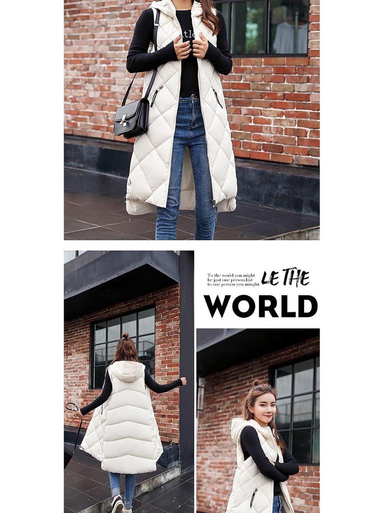 Hooded Women's Sleeveless Down Cotton Waistcoat - Mid-Length and Warm