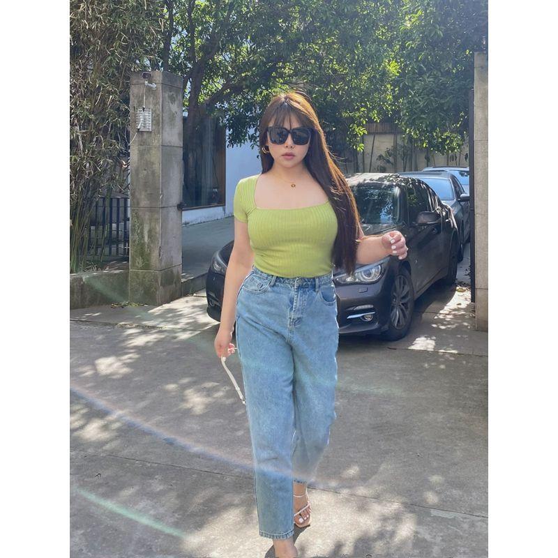 Miss Biggie Fashion Plus Size Slim Looking Easiest for Match All Cotton Non-Elastic High Waist Loose Loose Tapered Pants Denim