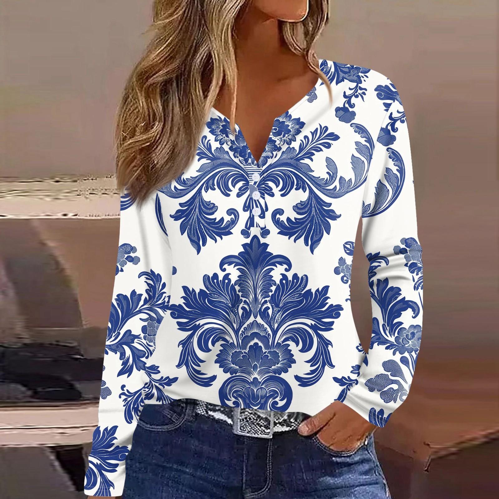 

Женская футболка Футболка на пуговицах с длинным рукавом Повседневные выходные Мода Классический V-образный вырез Ретро-принт Обычный топ XL синий