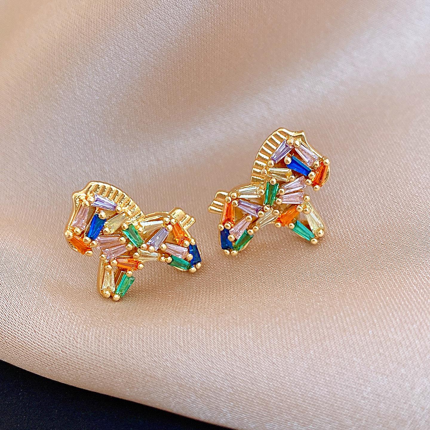 18k real gold electroplated colored zircon natal year pony stud earrings exquisite earrings