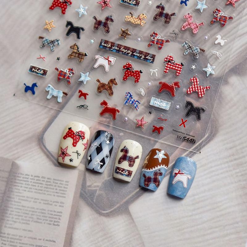 Cute Cartoon Fabric Pony Nail Stickers Embossed Nail Stickers Embossed Relief Nail Art Decoration Manicure Sticker Accessories