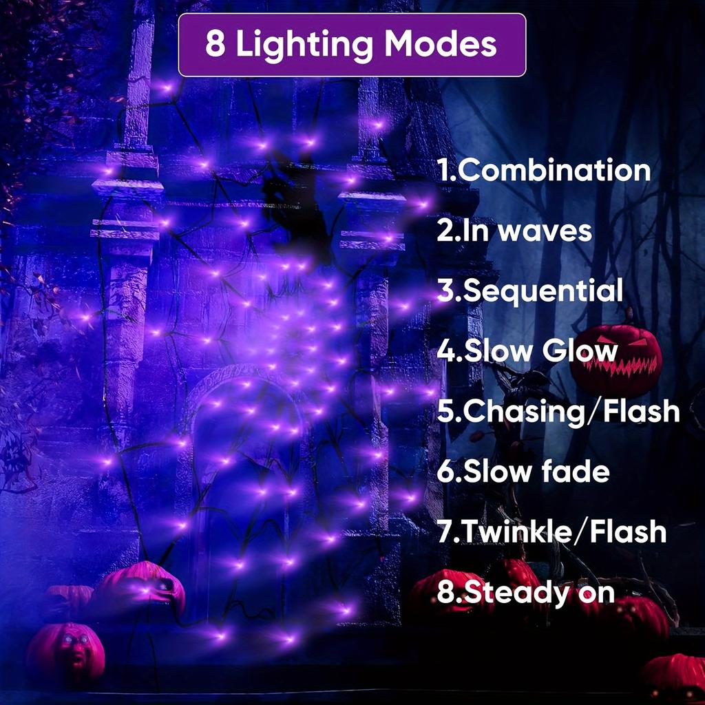 70LED Halloween Spider Web Lights Holiday Ambient Light with 8-Mode Remote Controlled for Horror Theme Party Garden Outdor Decor