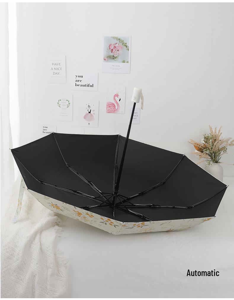 Compact Dual-Purpose Umbrella, UV Protection Parasol with Black Coating, Yellow Floral Design for Sun and Rain