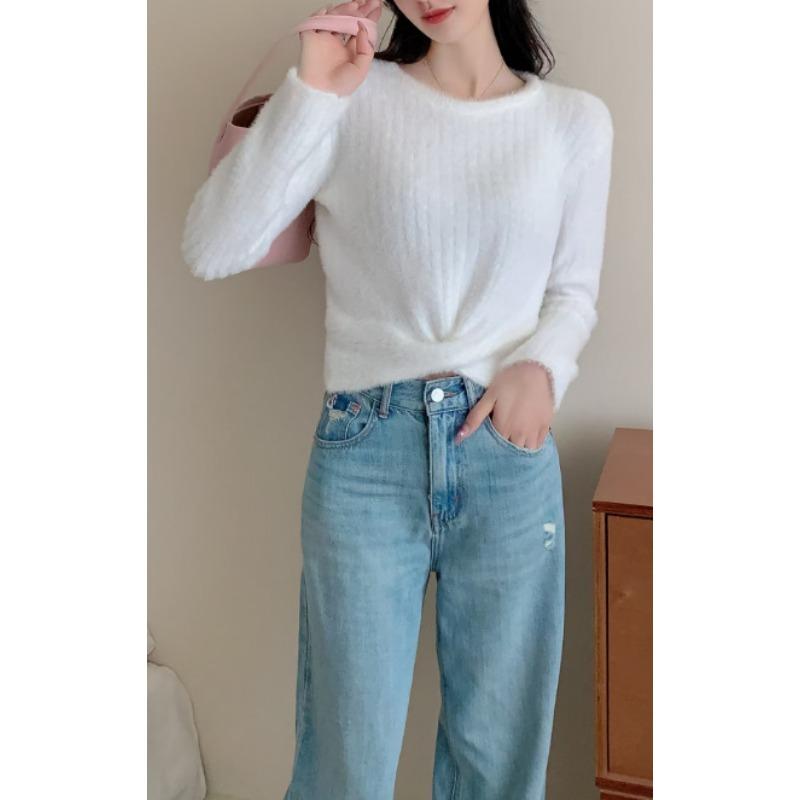 

Autumn and winter new fashion kink crew neck knitted pullover sweater women s versatile solid color sweet and thin knitted top women average size