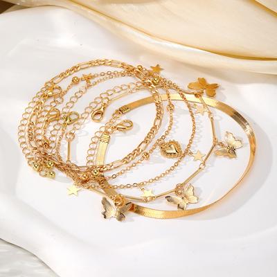 Simple For Holidays Butterfly Heart Pendant Suitable For Daily Wear Classic A Gift Chain Design Women's Stackable Anklet 5pcs/set Handmade