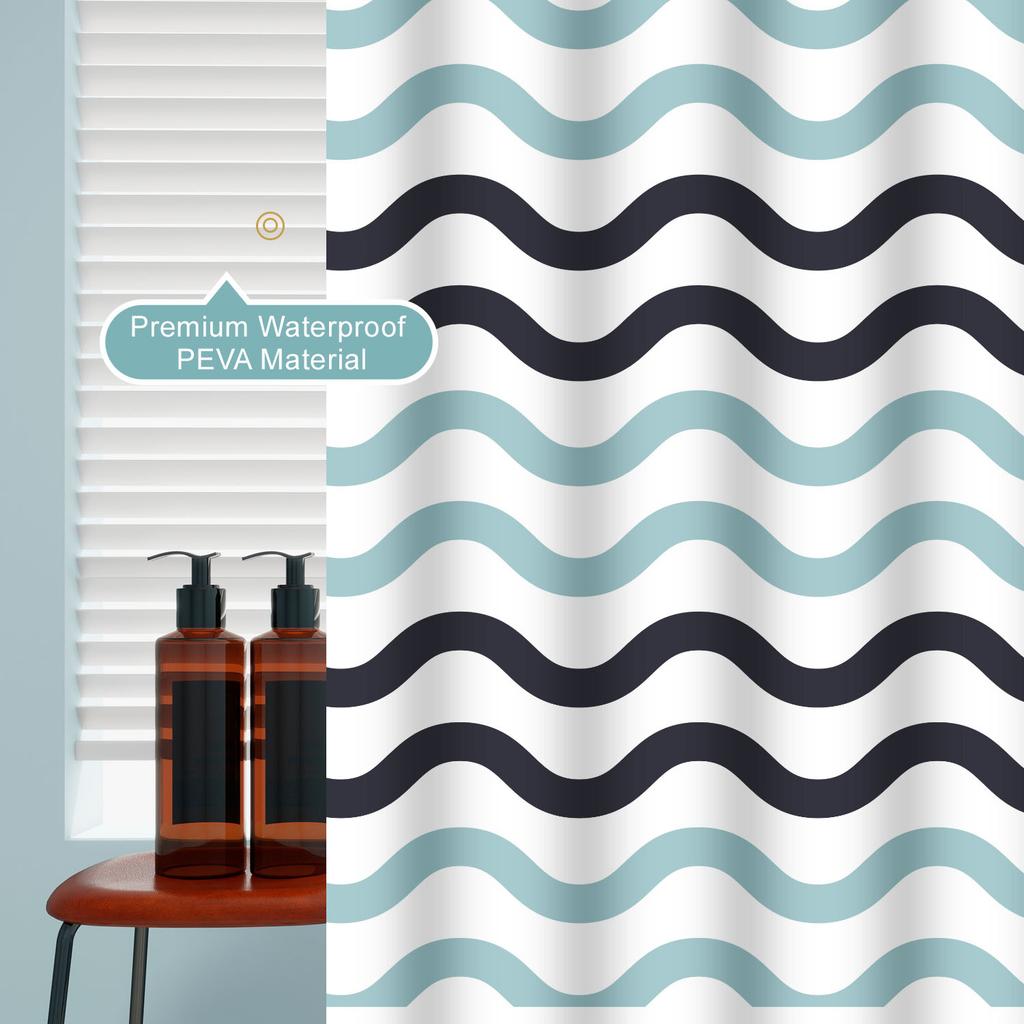1pc Two Color Wave Artwork Geometric Shower Curtain Waterproof PEVA Modern Minimalist Bathroom Decor