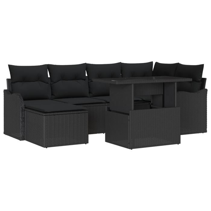 VidaXL Ensemble de Canapé de Jardin 7 Pièces avec Coussins Noir Poly Rattan 3348499