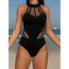 Women's Black Mesh Panel Halter Neck One-Piece Swimsuit