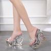 Fashion Glitter Slides Shallow Shoes Woman 2025 On A Wedge Female Slippers Peep Toe Fretwork Heels Heeled Mules Jelly New High PU Fabric