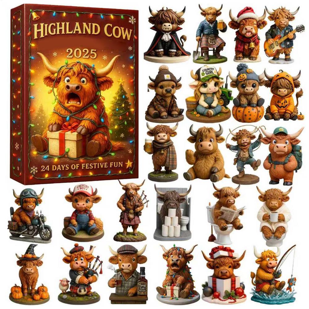 3D Christmas Advent Calendar 24pcs Highland Cow Christmas Countdown Christmas Tree Highland Cow Pendants Ornament Christmas Gift