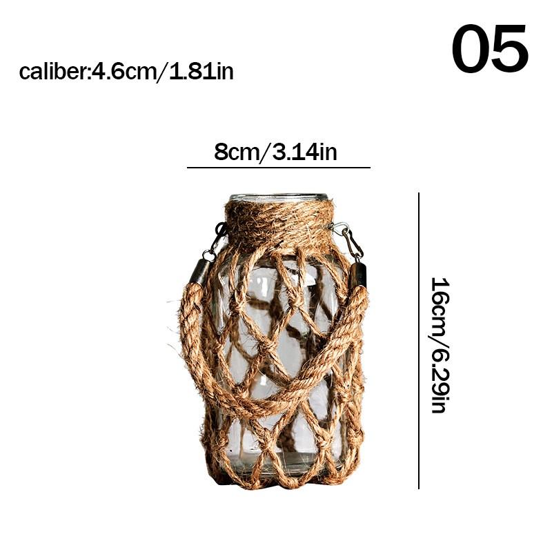 Hand Glass Vase Dry Flower Decor Woven Hemp Rope Vase Art Retro Hydroponics Vase Transparent Living Room Decor Table Ornament